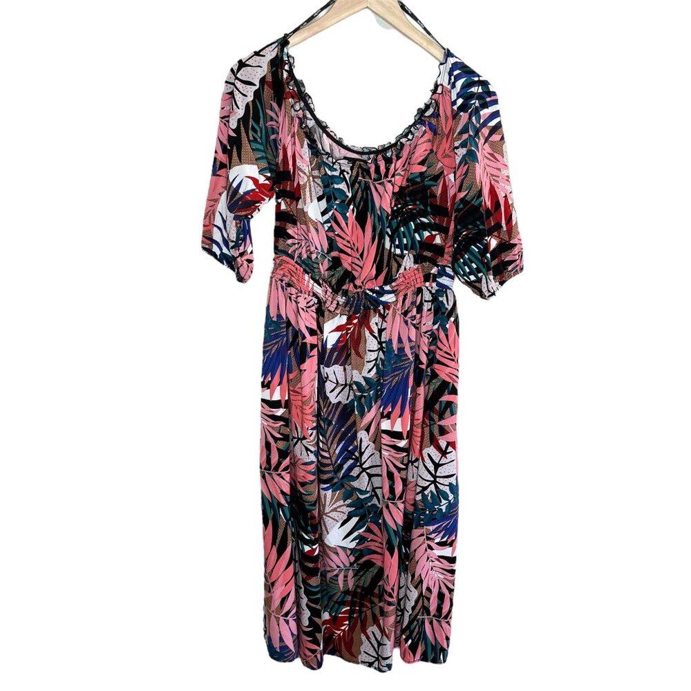City Chic Womens Tropical Print Off Shoulder Mid-Length Dress Size 14 Ruffled